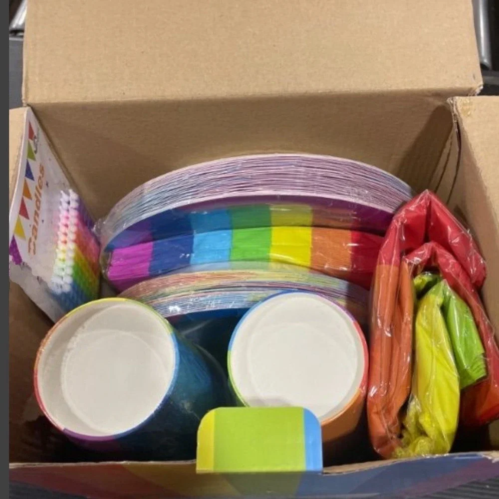 Rainbow Party Supplies Kit Serves 30 Plates Cups Napkins Tablecloths NIB